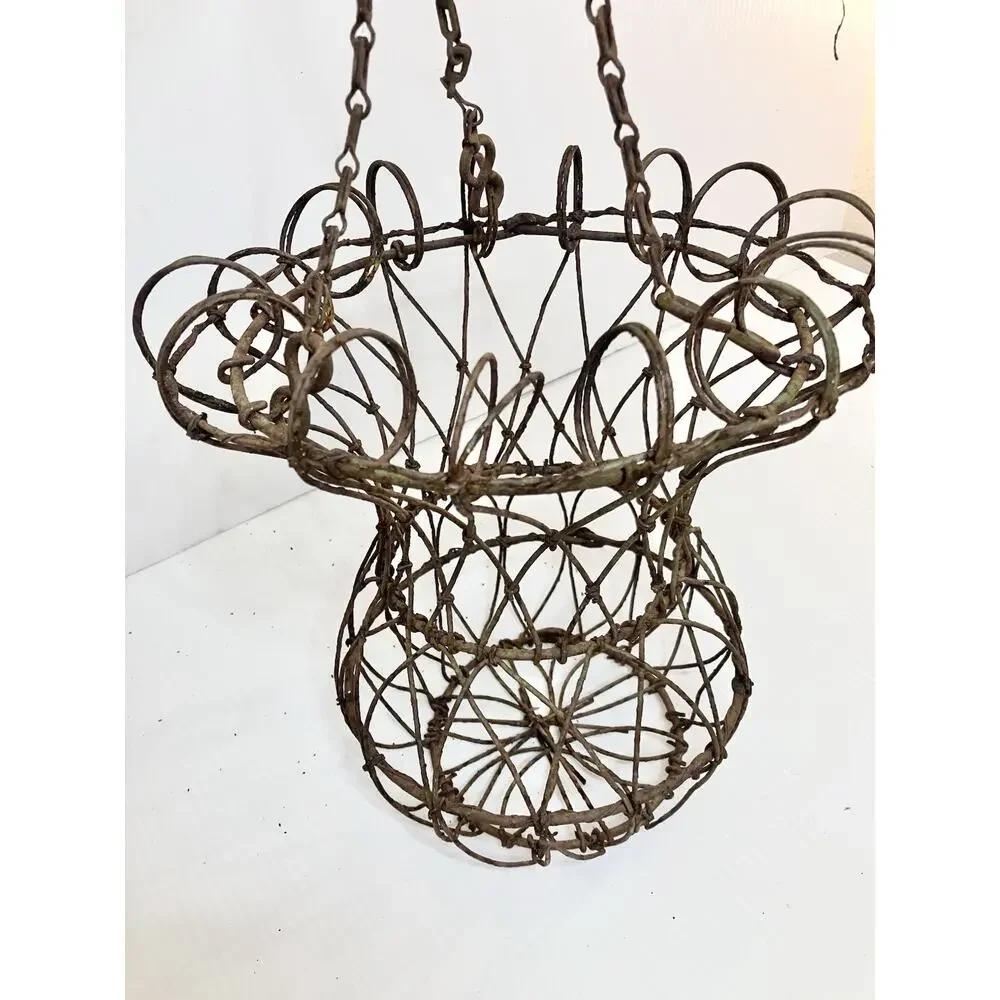 Antique French Twisted Metal Hanging Basket Curly Iron Wire Fluted Gracie Urn